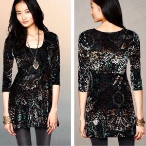 Free People 3/4 Sleeve Velvet Burnout Mini Dress Black 90s Y2K Aesthetic Size XS